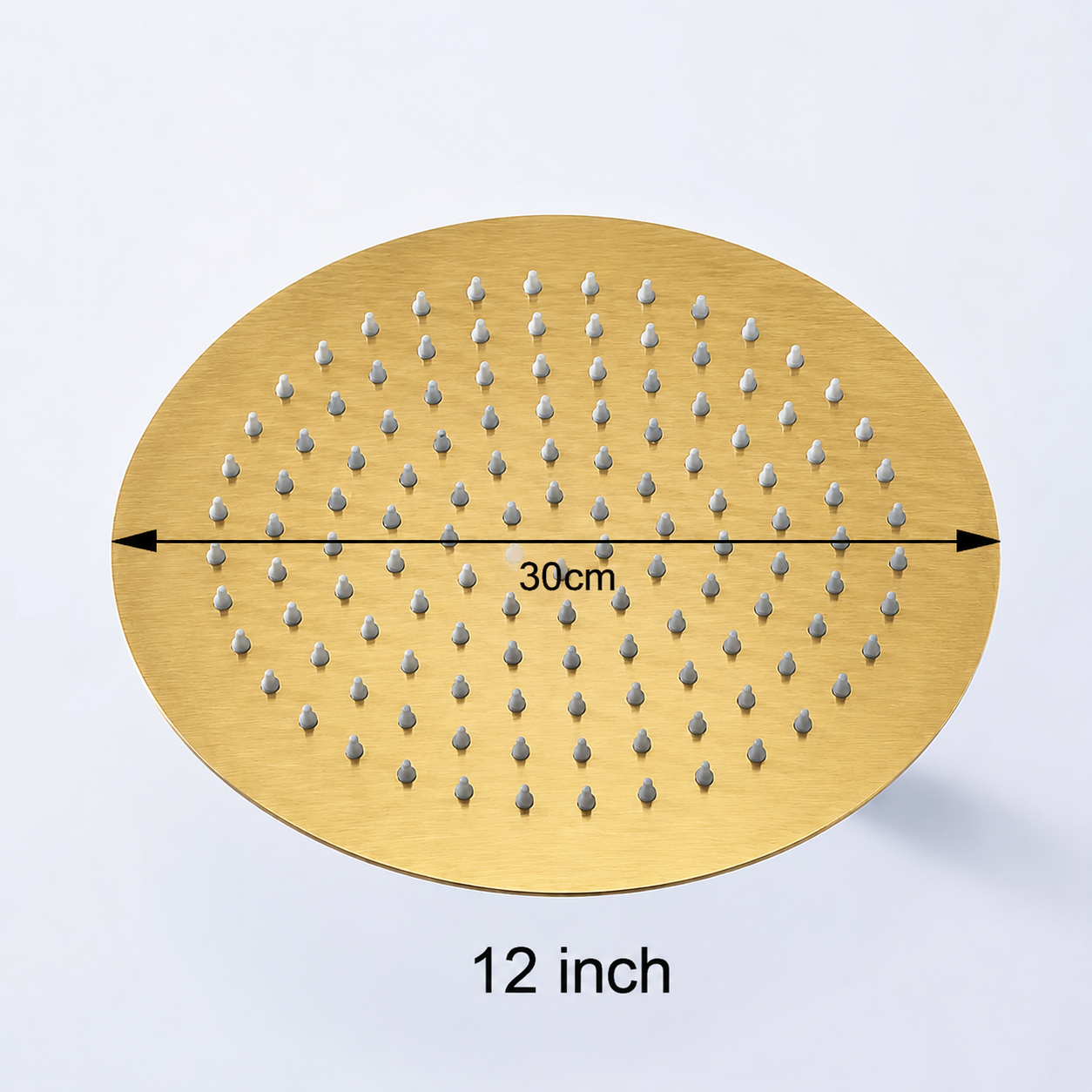 MAX Faucets 12-inch brushed gold round rainfall shower head front view with anti-limescale silicone nozzles