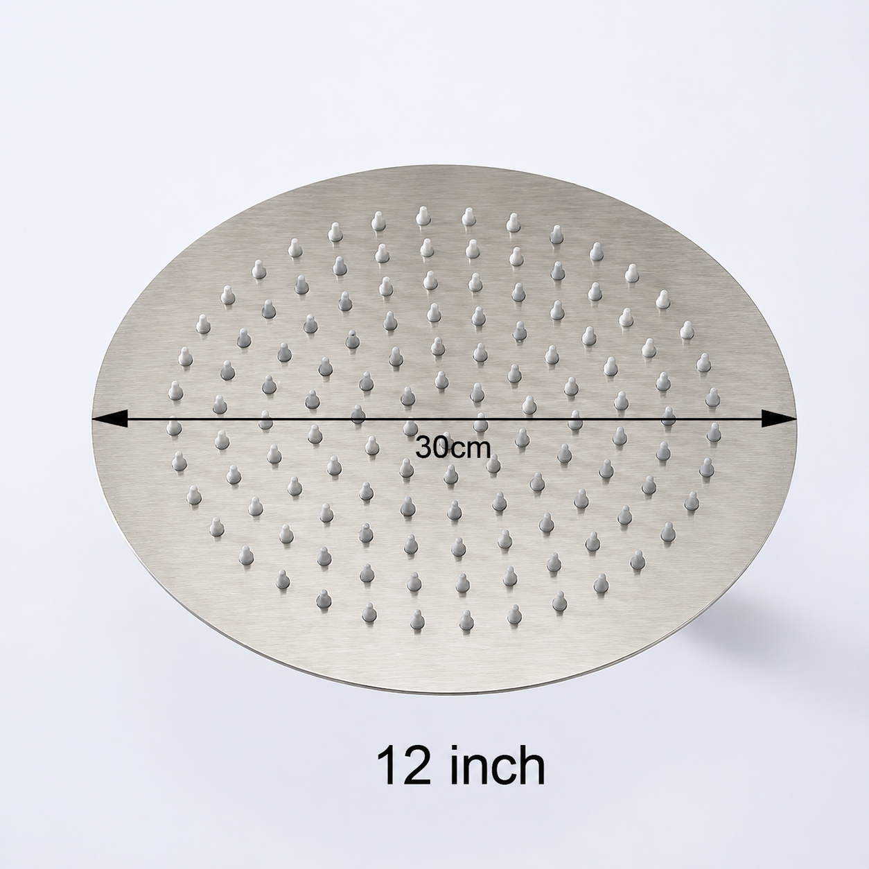 MAX Faucets 12-inch brushed nickel round rainfall shower head front view with anti-limescale silicone nozzles