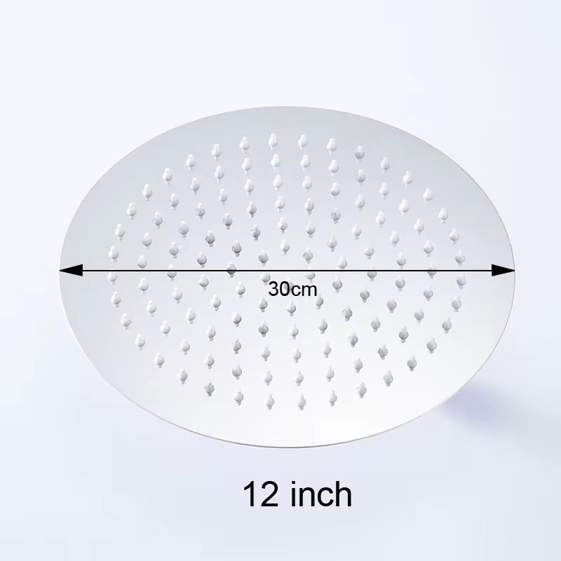 MAX Faucets 12-inch chrome round rainfall shower head front view with anti-limescale silicone nozzles