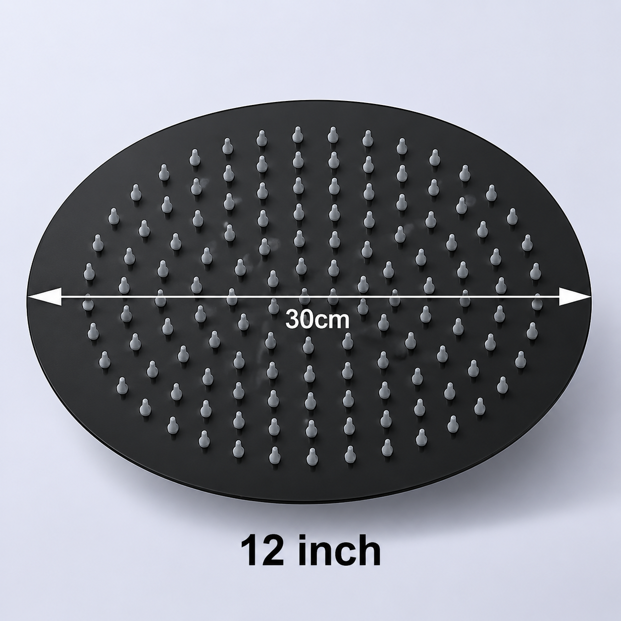 MAX Faucets 12-inch matte black round rainfall shower head front view with anti-limescale silicone nozzles