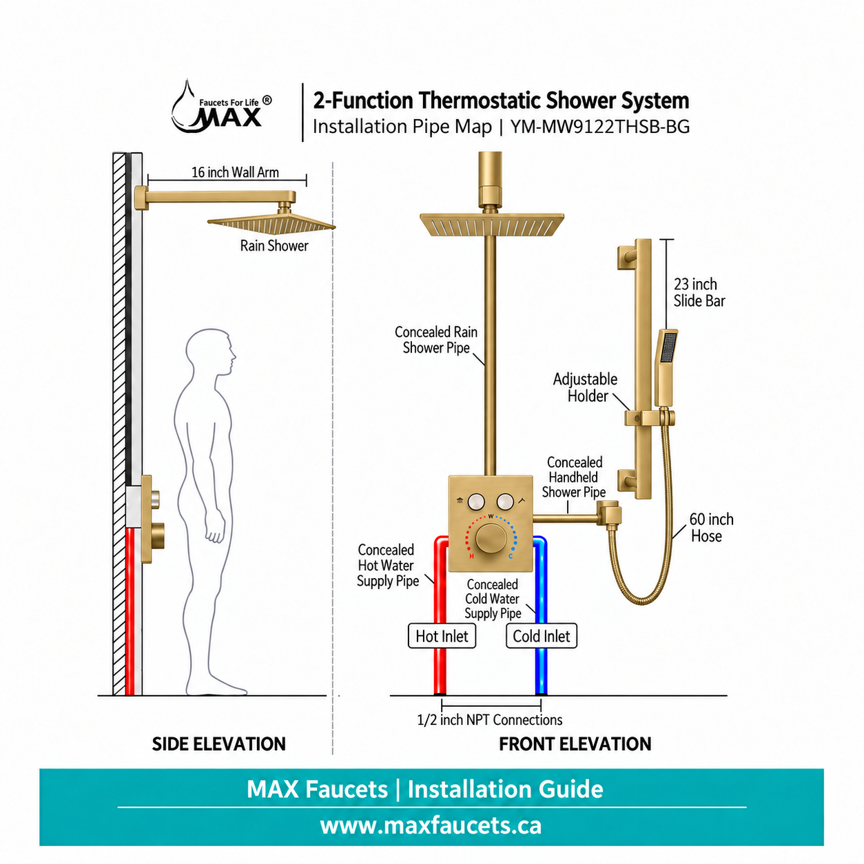 MAX Faucets brushed gold 2-function thermostatic shower system installation pipe map showing rain shower, handheld shower, 23-inch slide bar, and concealed water connections.