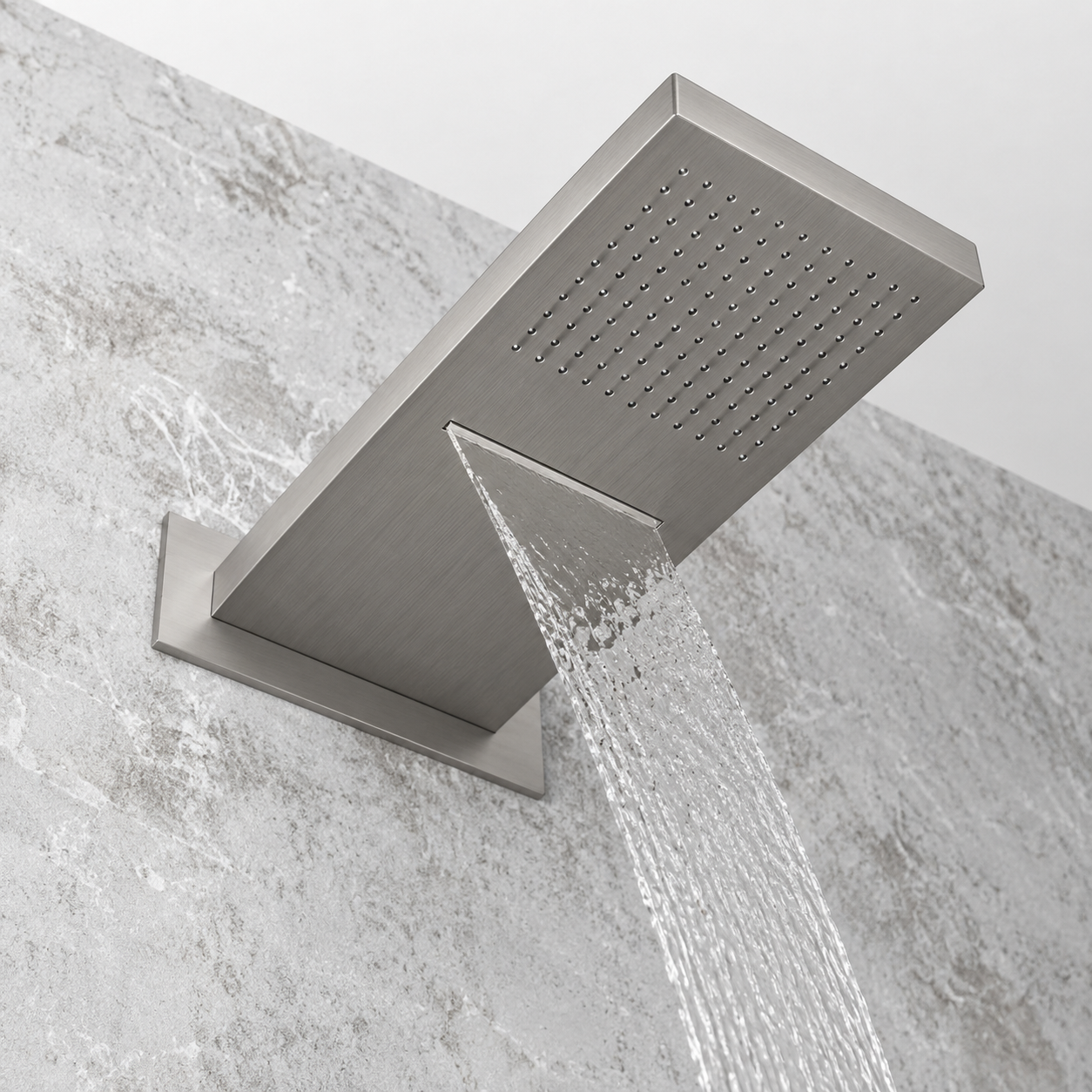 MAX Faucets 22-inch high-pressure square shower head with waterfall and stream functions in brushed nickel finish
