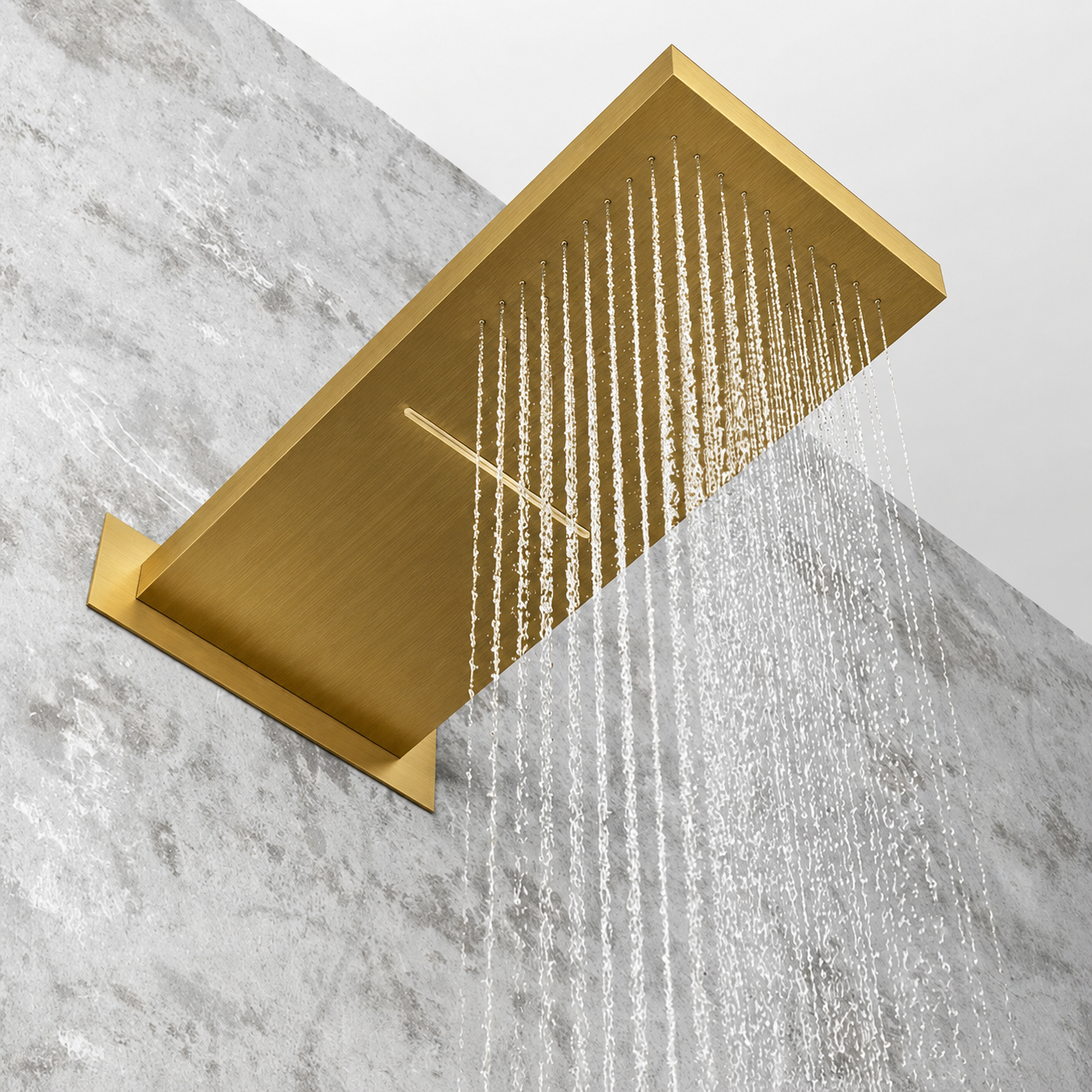 MAX Faucets 22-inch high-pressure square shower head with waterfall and stream functions in brushed gold finish