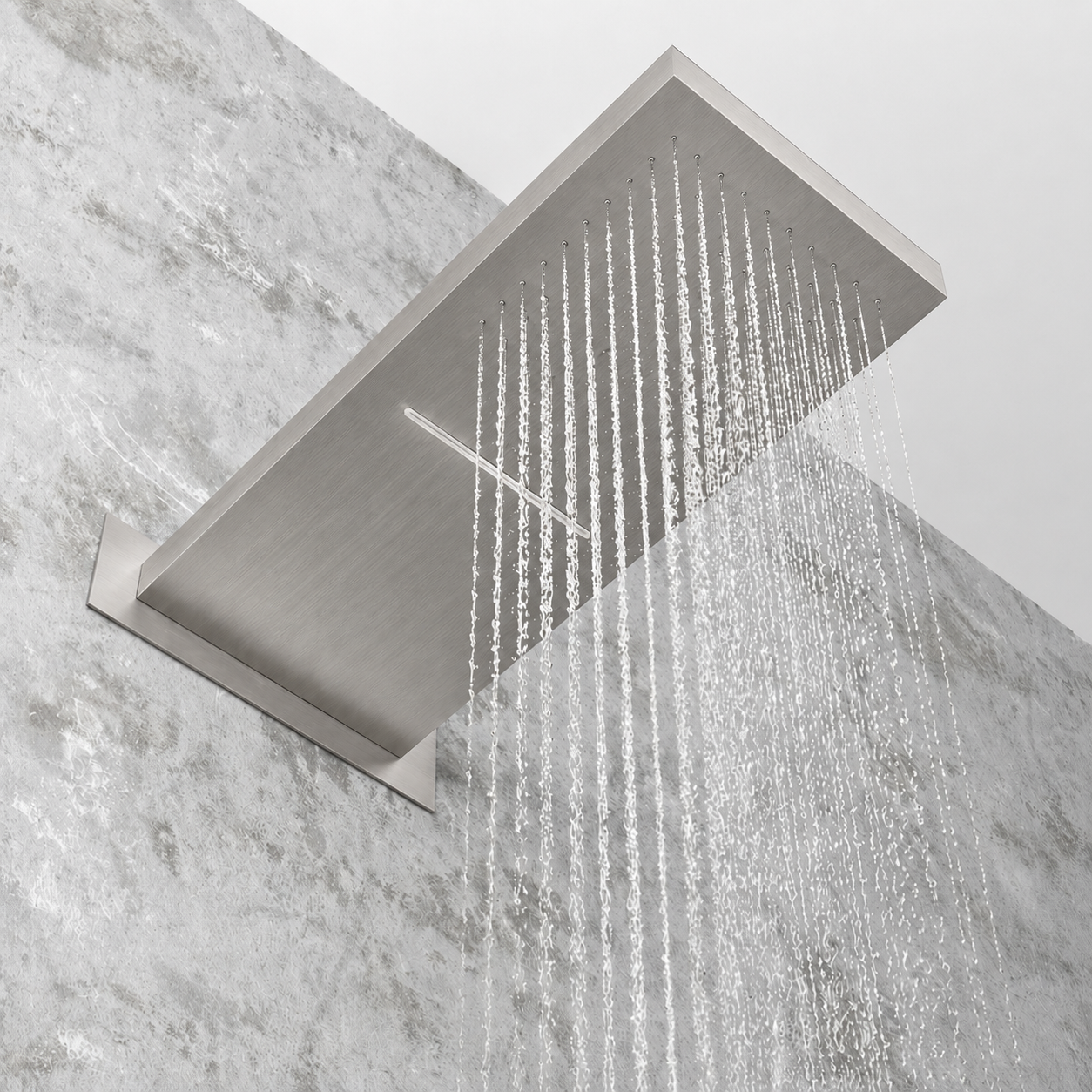 MAX Faucets 22-inch high-pressure square shower head with waterfall and stream functions in brushed nickel finish