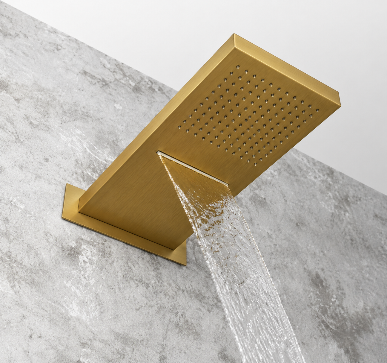 MAX Faucets 22-inch high-pressure square shower head with waterfall and stream functions in brushed gold finish