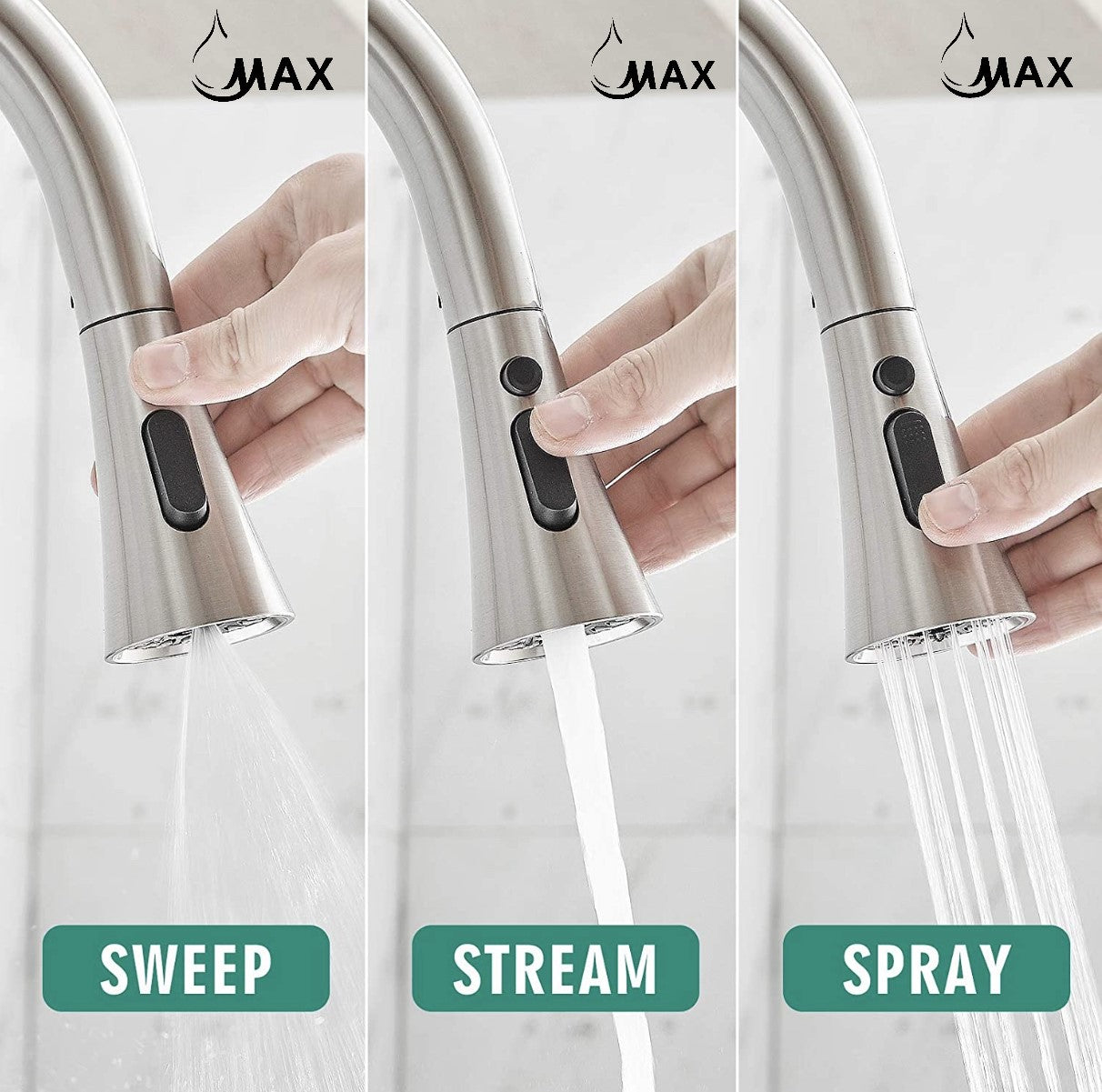 MAX Faucets brushed nickel kitchen faucet head showing spray stream and sweep modes