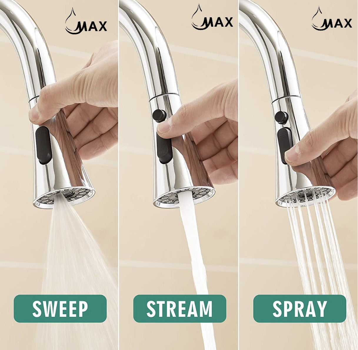 MAX Faucets replacement kitchen faucet nozzle head polished chrome 3 function spray stream sweep M-RNS1303-C