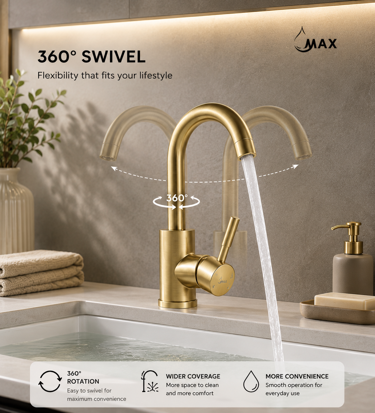 MAX Faucets brushed gold bathroom faucet demonstrating 360-degree swivel gooseneck spout functionality
