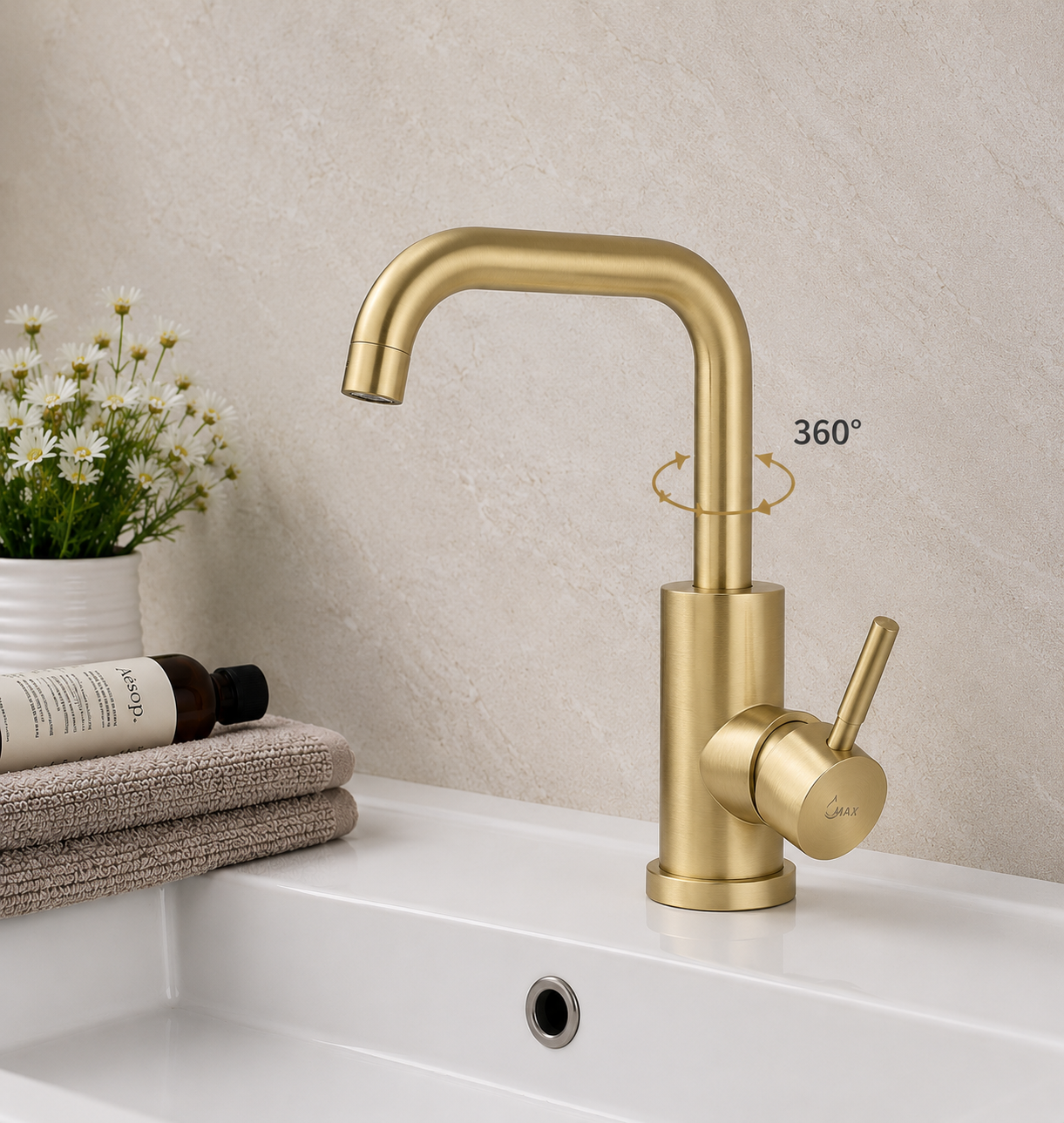 MAX Faucets brushed gold bathroom faucet demonstrating 360-degree swivel spout functionality.