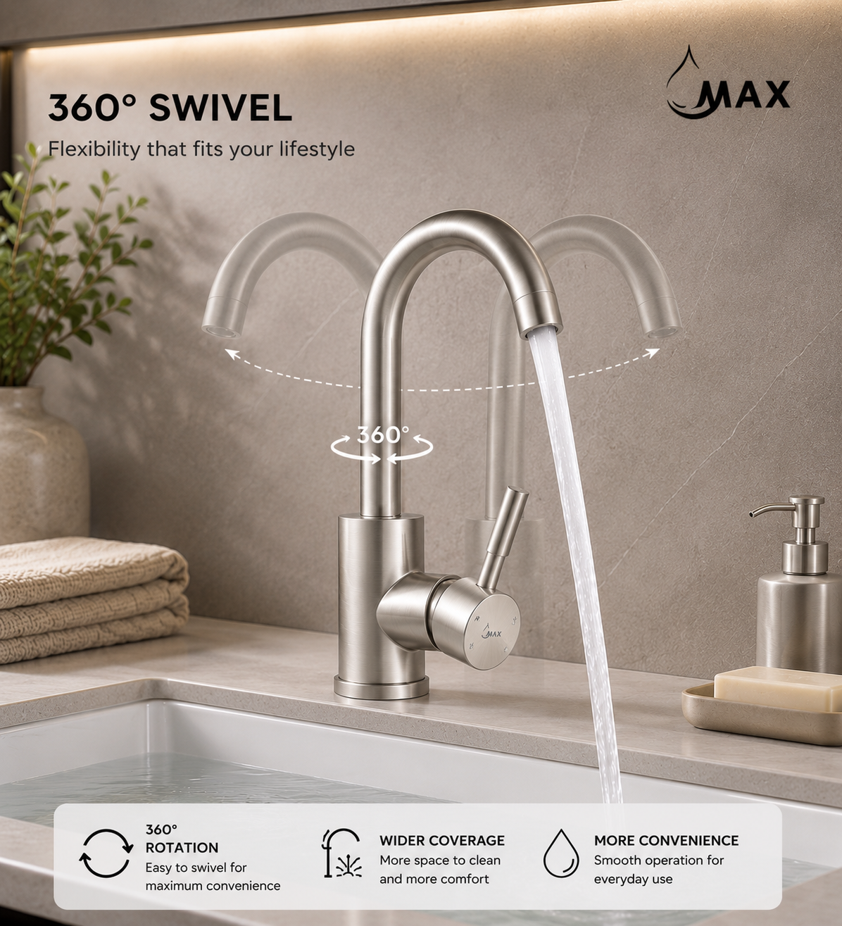 MAX Faucets brushed nickel bathroom faucet demonstrating 360-degree swivel spout functionality.