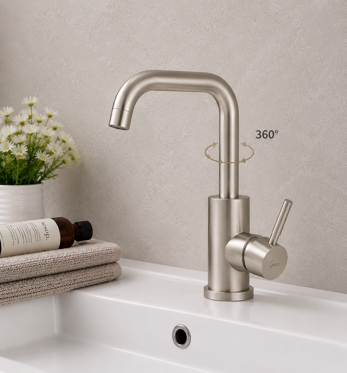 MAX Faucets brushed nickel bathroom faucet demonstrating 360-degree swivel spout functionality.