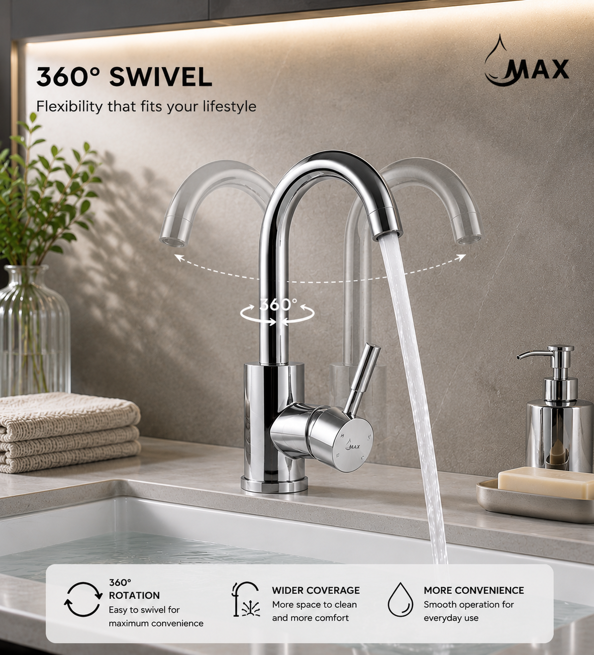 MAX Faucets chrome bathroom faucet demonstrating 360-degree swivel spout functionality.