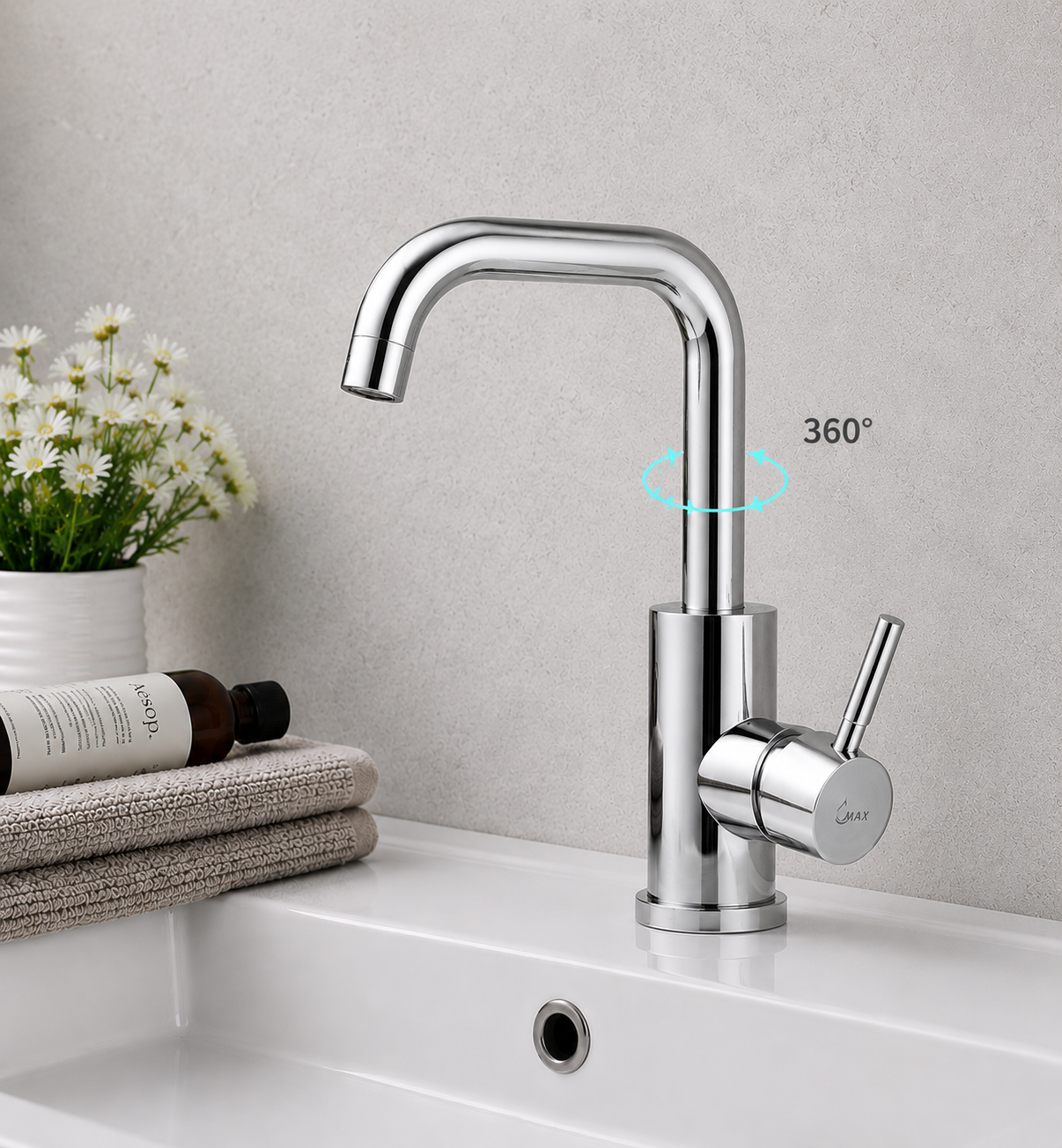 MAX Faucets chrome bathroom faucet demonstrating 360-degree swivel spout functionality.
