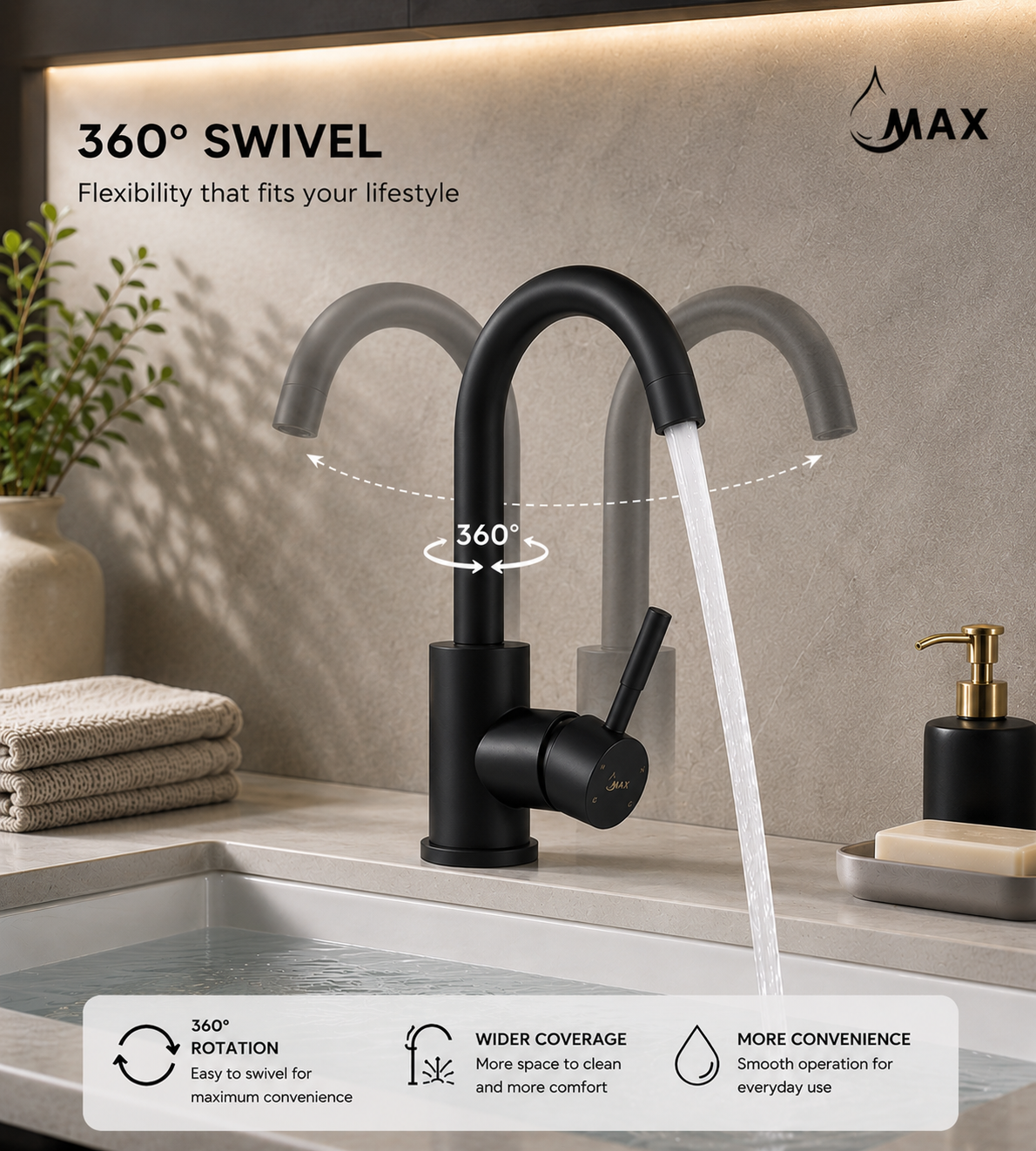 MAX Faucets matte black bathroom faucet demonstrating 360-degree swivel spout functionality.
