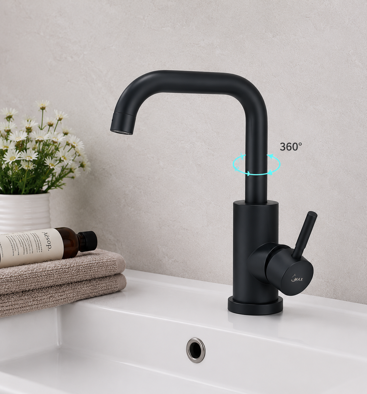 MAX Faucets matte black bathroom faucet delivering smooth water flow into a bathroom sink.