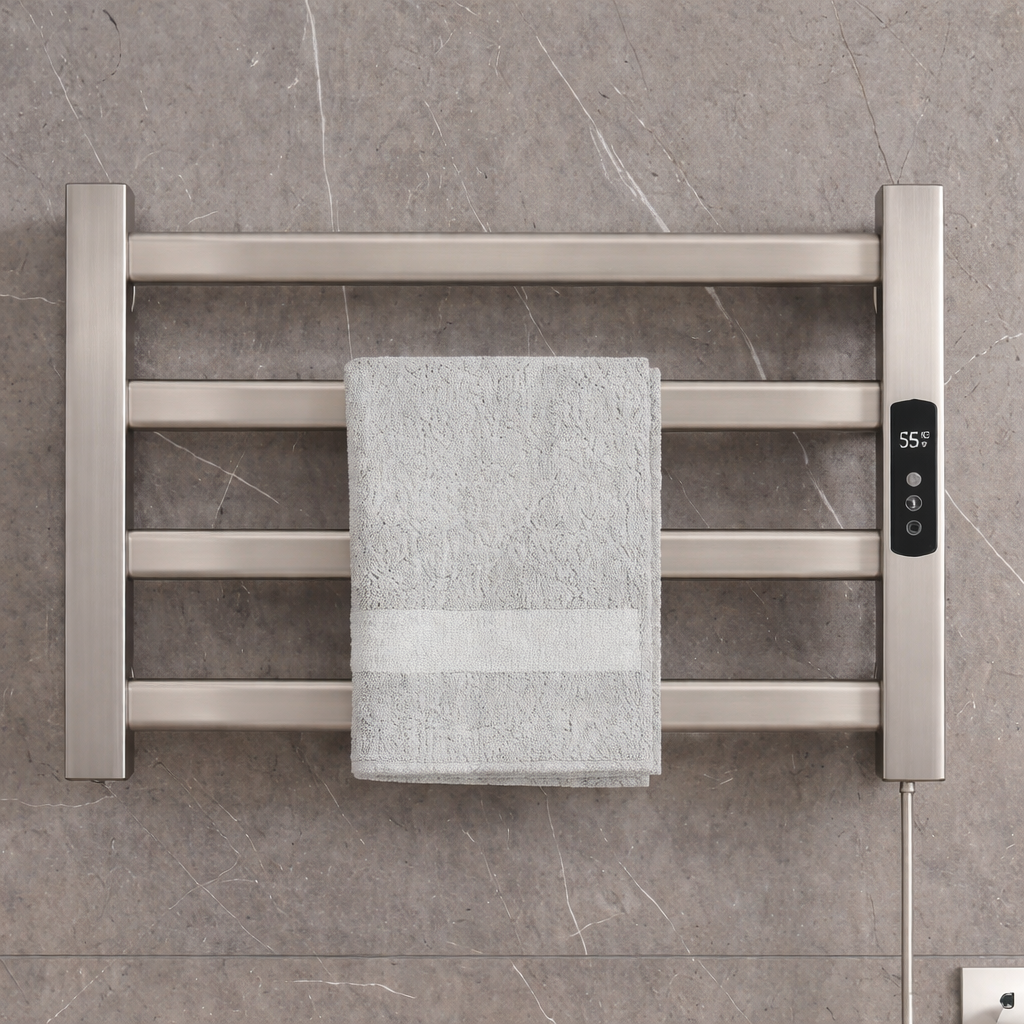 MAX Faucets 4-bar wall-mounted electric towel warmer rack in brushed nickel with digital control and hooks, 580x300 mm