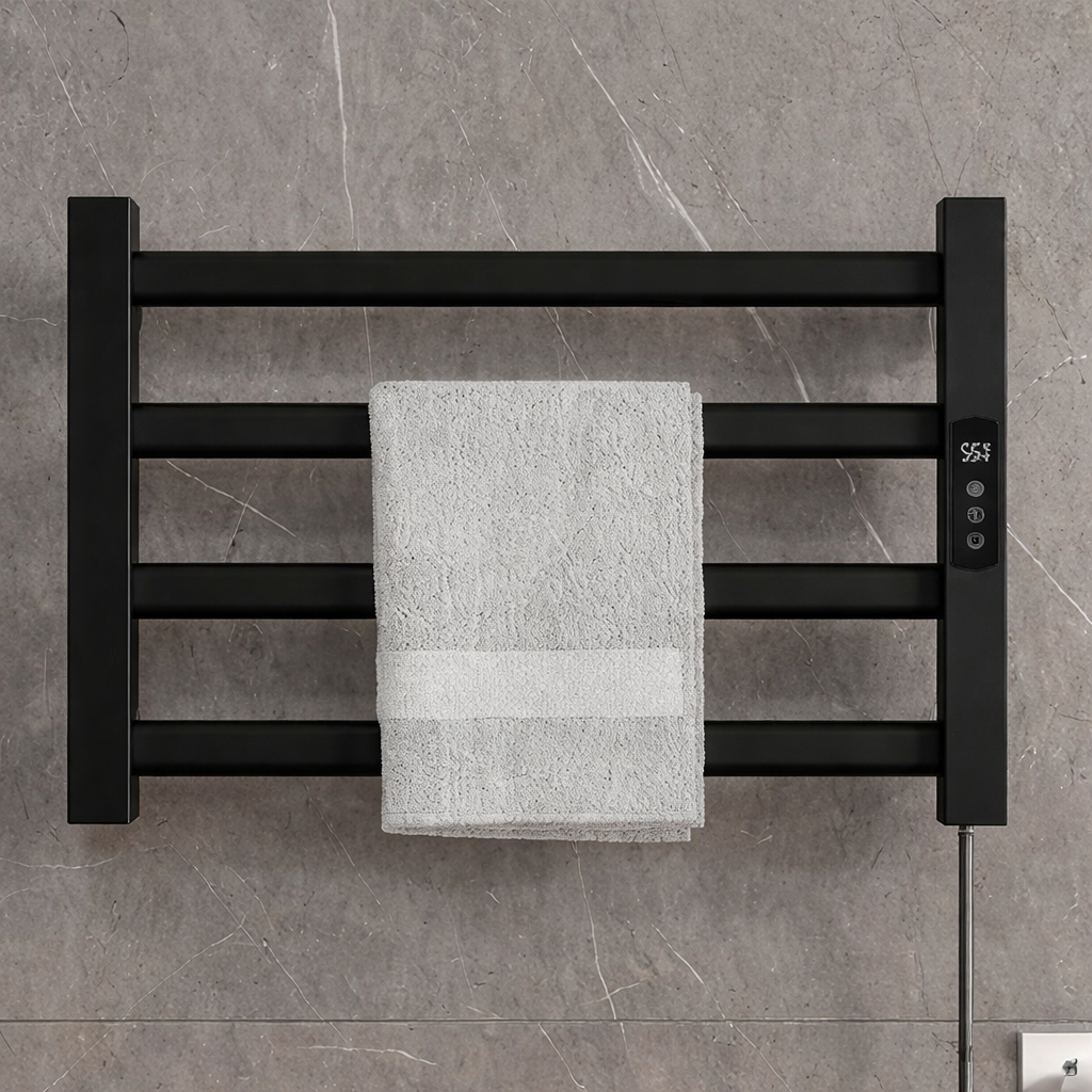 MAX Faucets 4-bar wall-mounted electric towel warmer rack in matte black with digital control and hooks, 580x300 mm