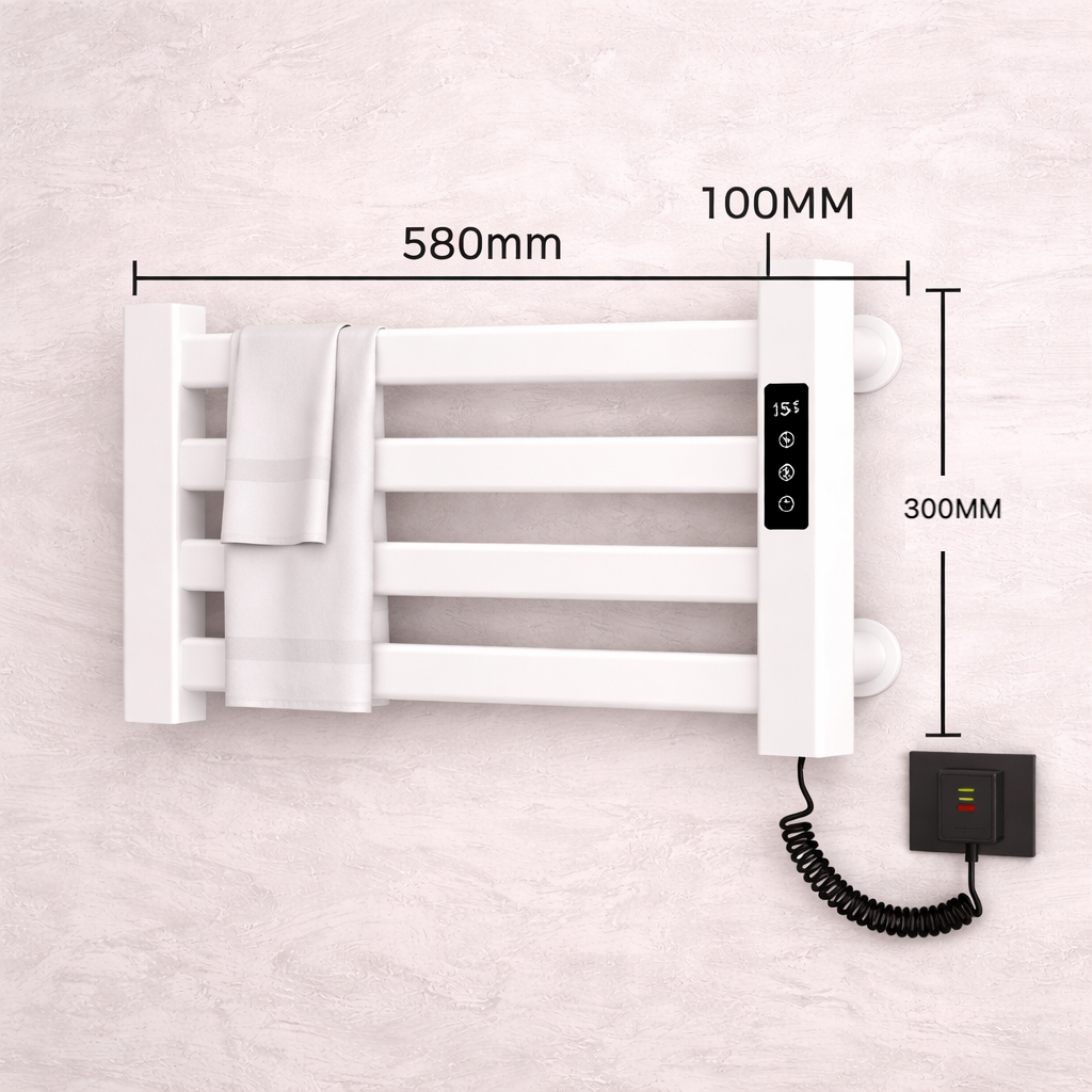 MAX Faucets 4-bar wall-mounted electric towel warmer rack in white with digital control and hooks, 580x300 mm