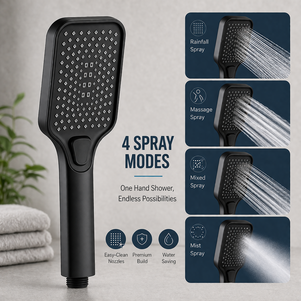 Matte black square handheld shower with four spray modes by MAX Faucets