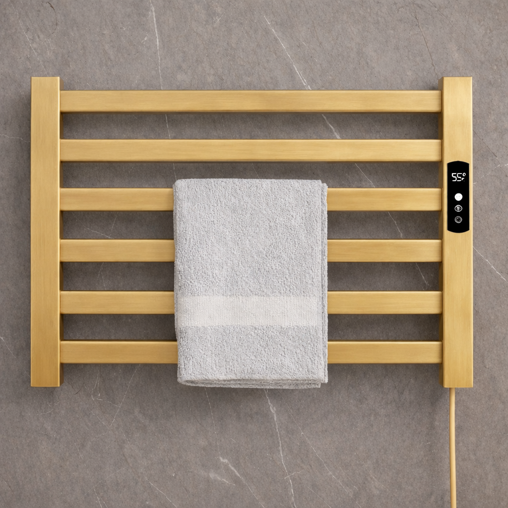 MAX Faucets 6-bar wall-mounted electric towel warmer rack in brushed gold with digital control, 500x450 mm