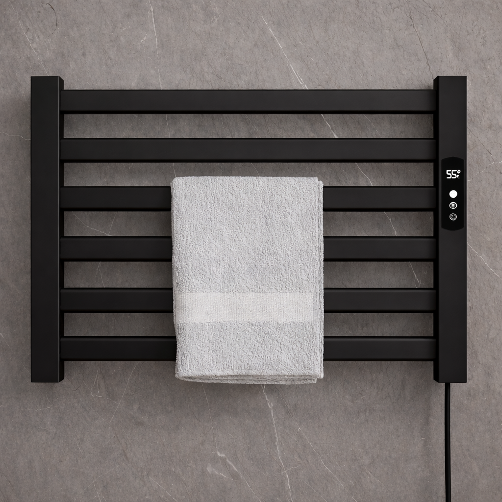 MAX Faucets 6-bar wall-mounted electric towel warmer rack in matte black with digital control, 500x450 mm