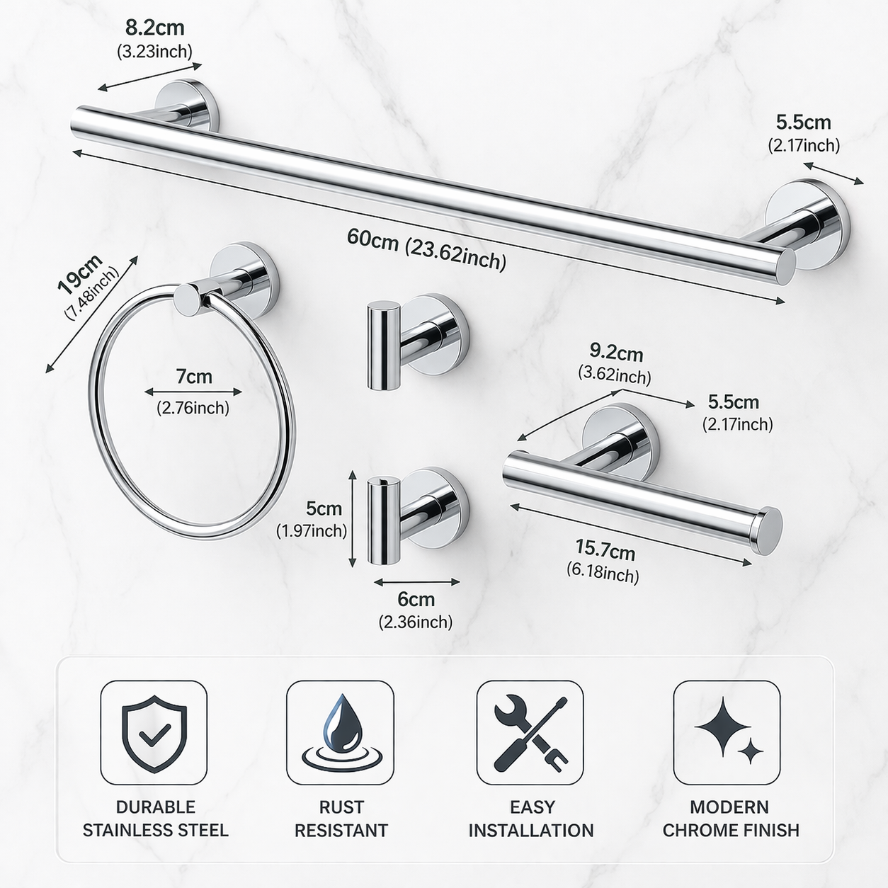 Modern chrome bathroom accessories set by MAX Faucets including towel bar, towel ring, toilet paper holder, and robe hooks Sizes