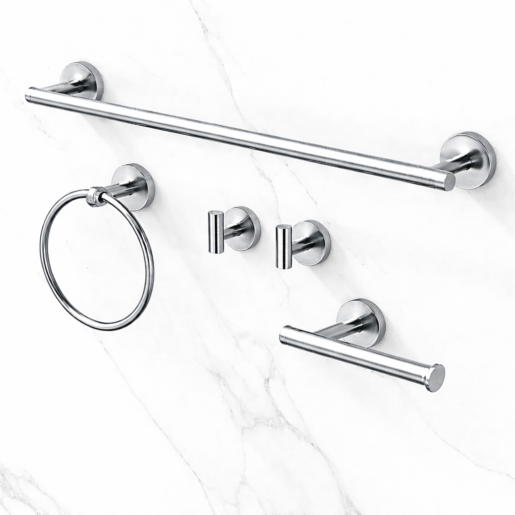 Modern chrome bathroom accessories set by MAX Faucets including towel bar, towel ring, toilet paper holder, and robe hooks