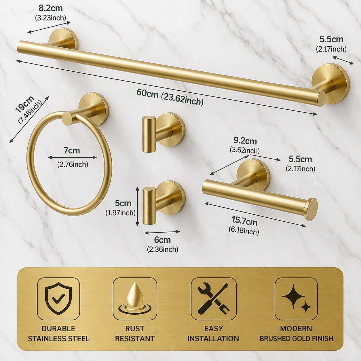 Brushed gold bathroom accessories set dimensions including towel bar, towel ring, hooks, and toilet paper holder