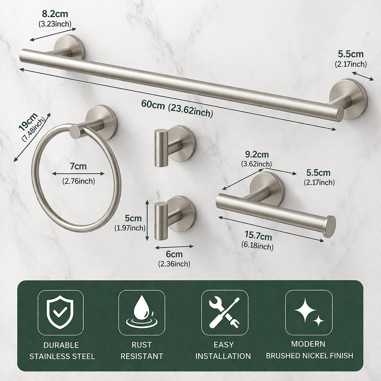 Complete brushed nickel bathroom accessories set including towel bar, towel ring, toilet paper holder, and hooks sizes