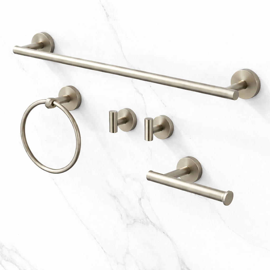 Brushed nickel bathroom accessories set dimensions including towel bar, towel ring, hooks, and toilet paper holder