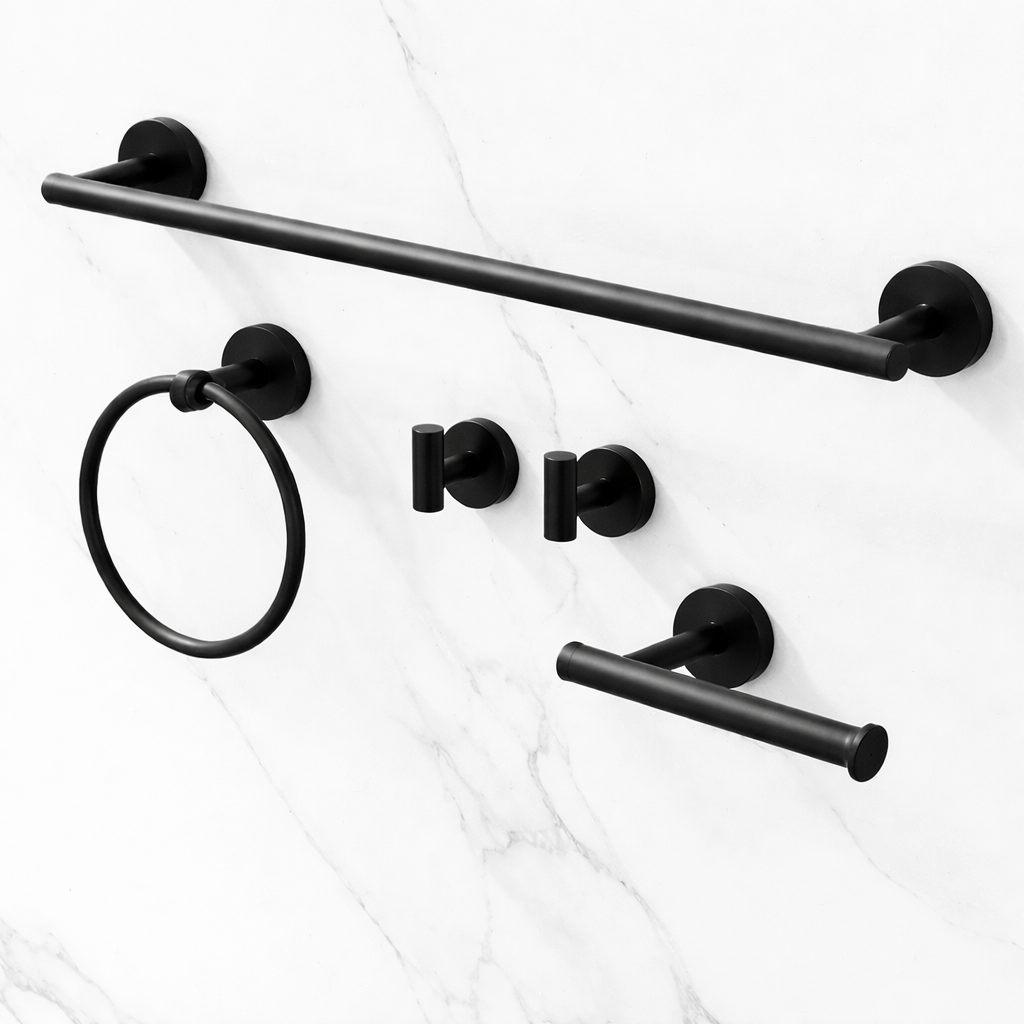 Matte black bathroom accessories set dimensions including towel bar, towel ring, hooks, and toilet paper holder