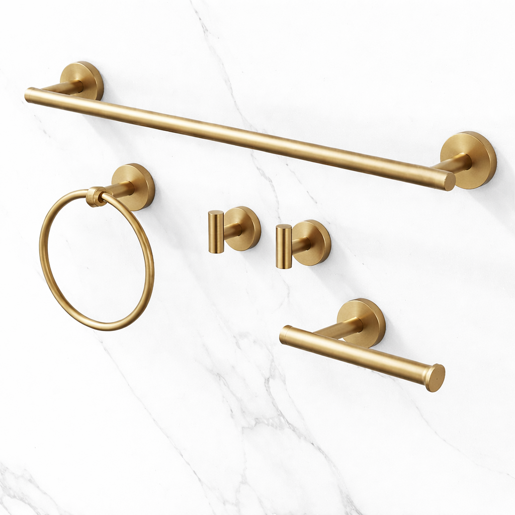 Brushed gold bathroom accessories set dimensions including towel bar, towel ring, hooks, and toilet paper holder