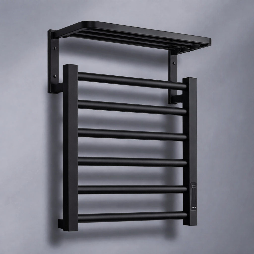 MAX Faucets black electric towel warmer rack wall mounted with shelf modern bathroom heated towel rack