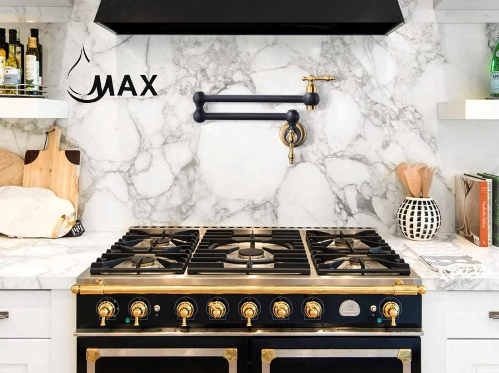Pot Filler Faucet Double Handle Traditional Wall Mounted With Accessories 22" Matte Black, Brushed Gold Finish
SKU: PF-2008-MB,BG