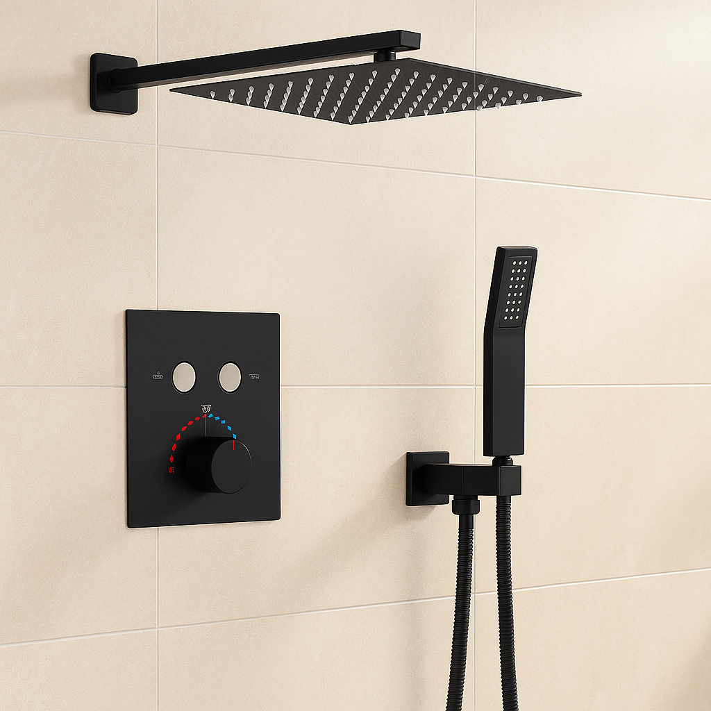 MAX Faucets | Thermostatic Shower System Two Functions With Push-buttons Pressure-Balance Valve Matte Black Finish