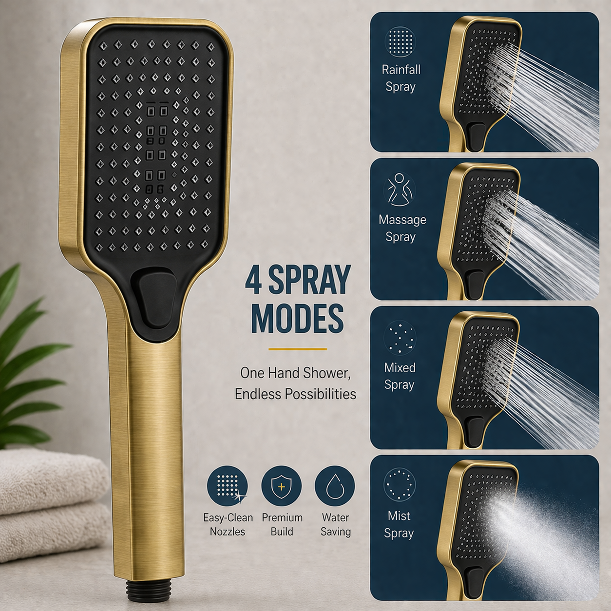 Square brushed gold handheld shower with four spray modes