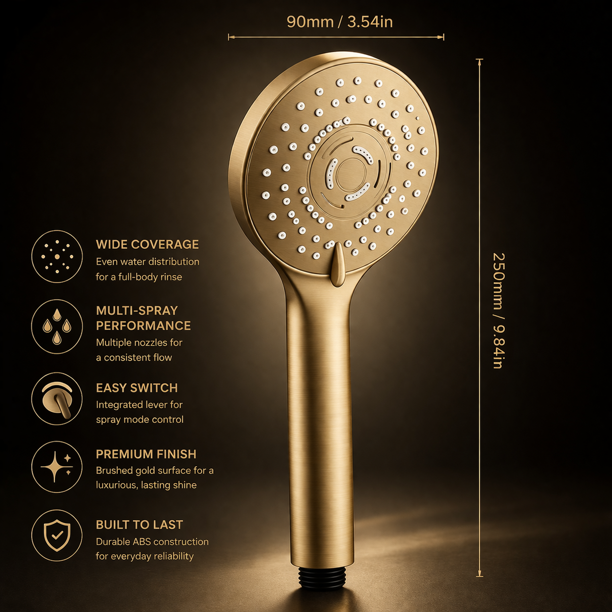 Round brushed gold handheld shower with five spray settings