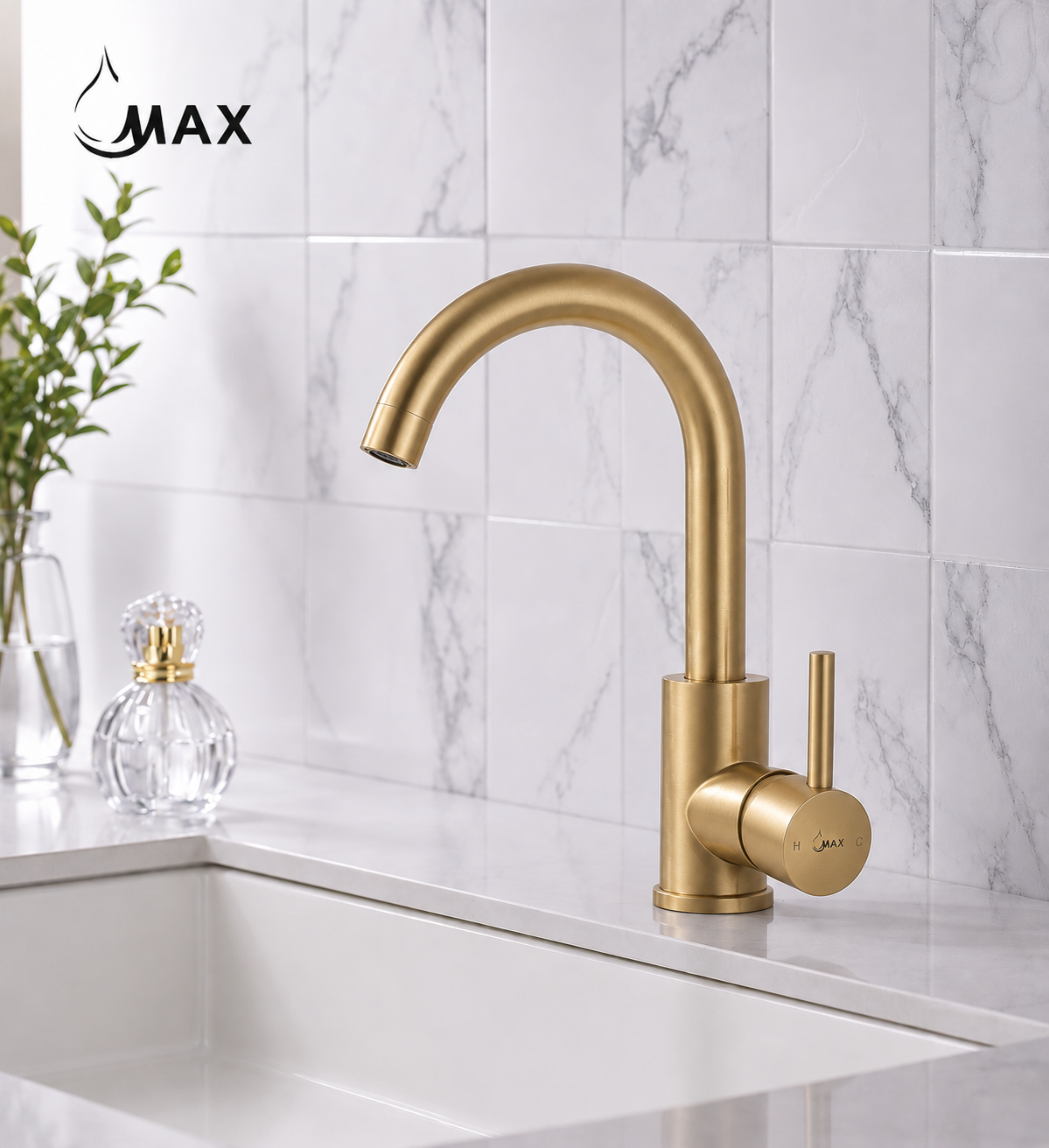 Modern bathroom vanity featuring MAX Faucets brushed gold bathroom faucet with swivel spout and side handle