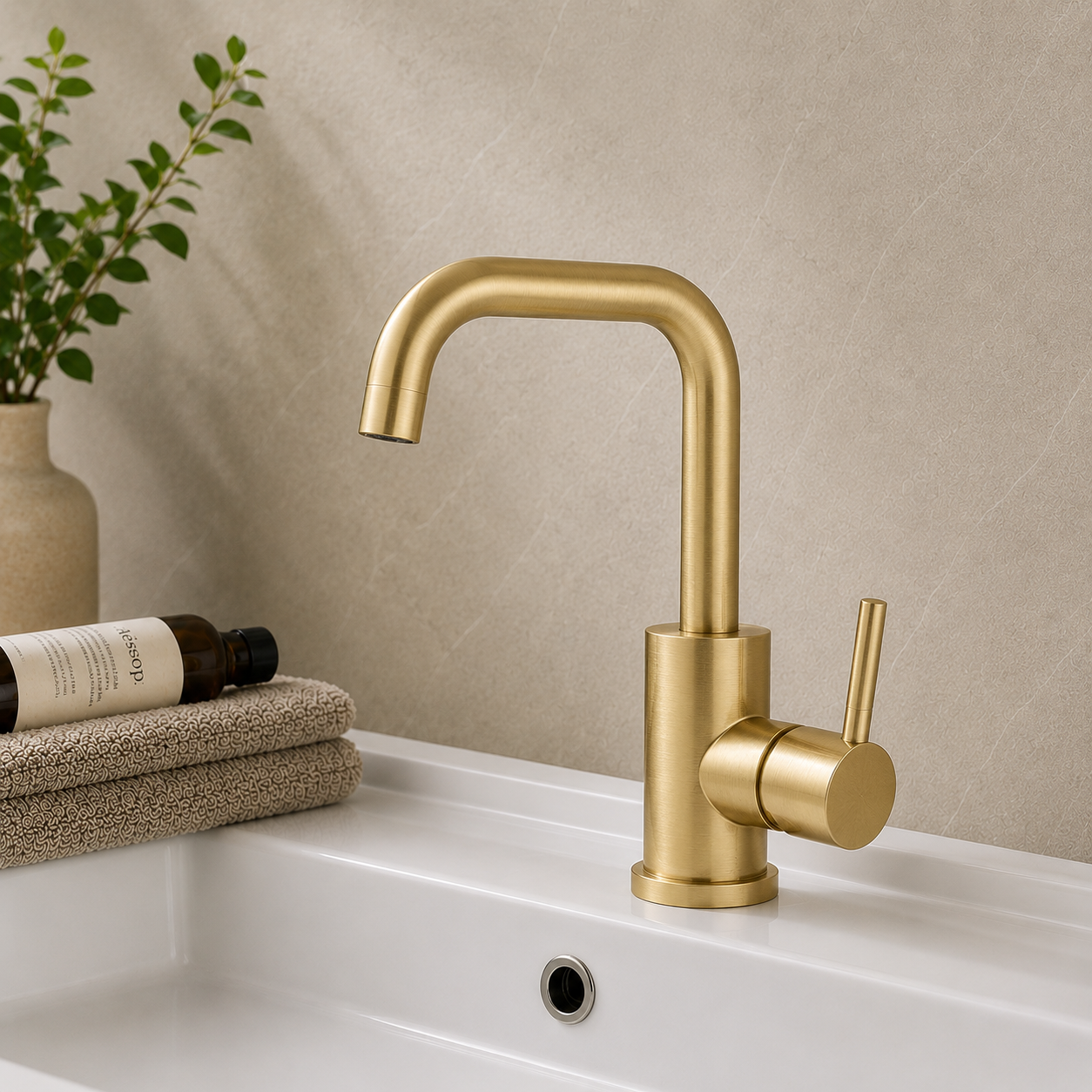 MAX Faucets brushed gold bathroom faucet with side handle and 360° swivel spout.