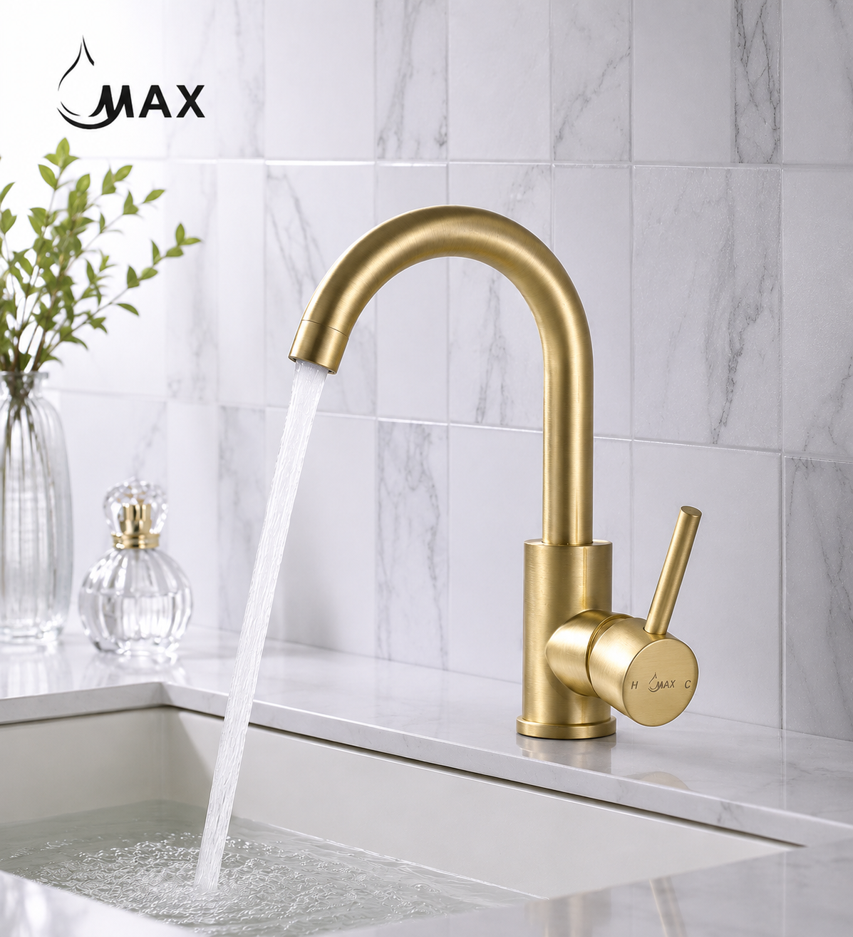 MAX Faucets brushed gold bathroom faucet with side handle and 360° swivel gooseneck spout installed on a modern bathroom vanity.