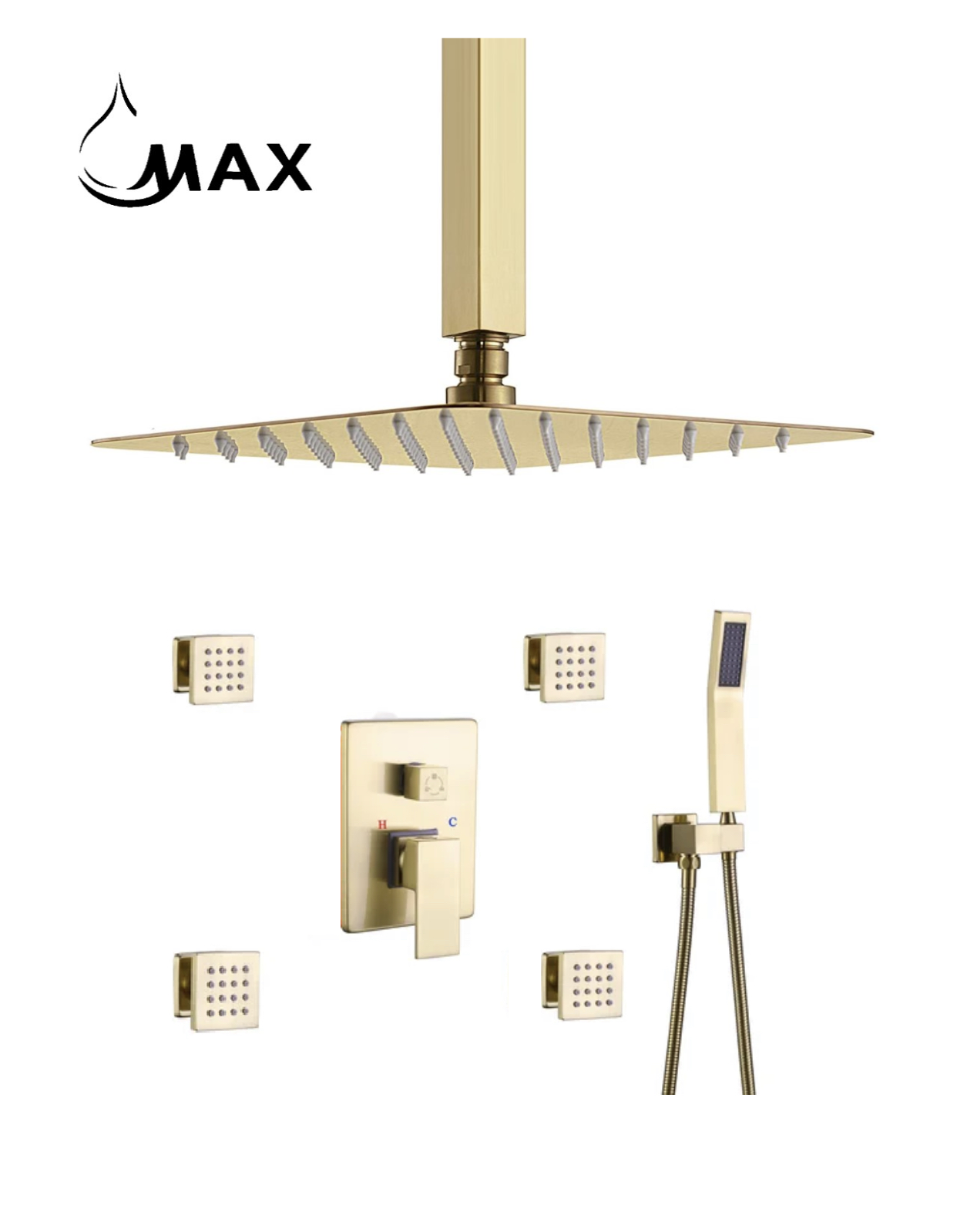 MAX Faucets brushed gold ceiling shower system with 4 body jets, handheld shower and rainfall shower head