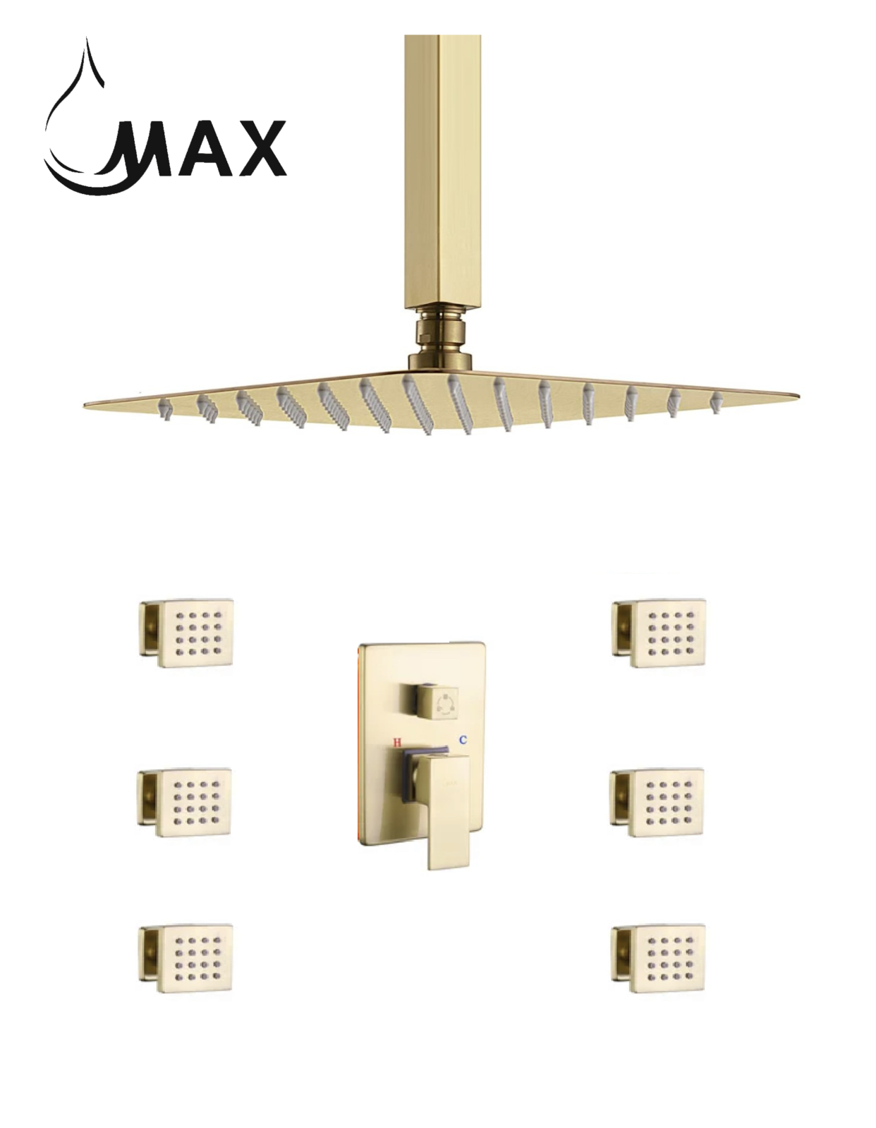 MAX Faucets brushed gold ceiling shower system with 6 body jets
