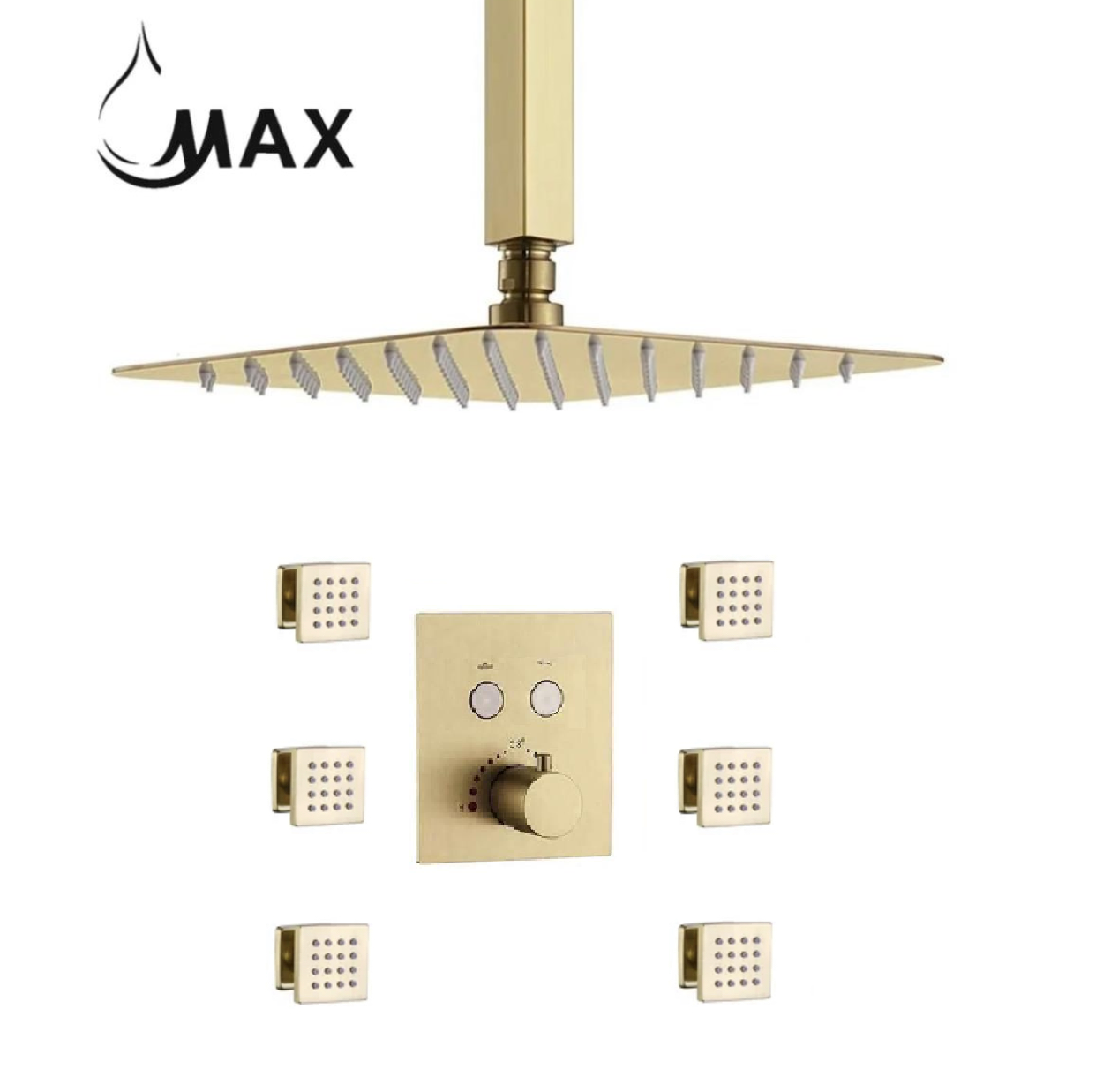 MAX Faucets brushed gold ceiling thermostatic shower system with 6 body jets and rainfall shower head