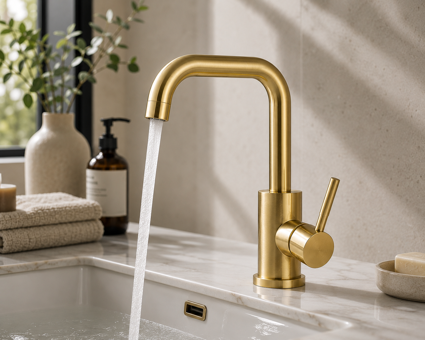 Premium brushed gold bathroom faucet with high-arc gooseneck spout by MAX Faucets.