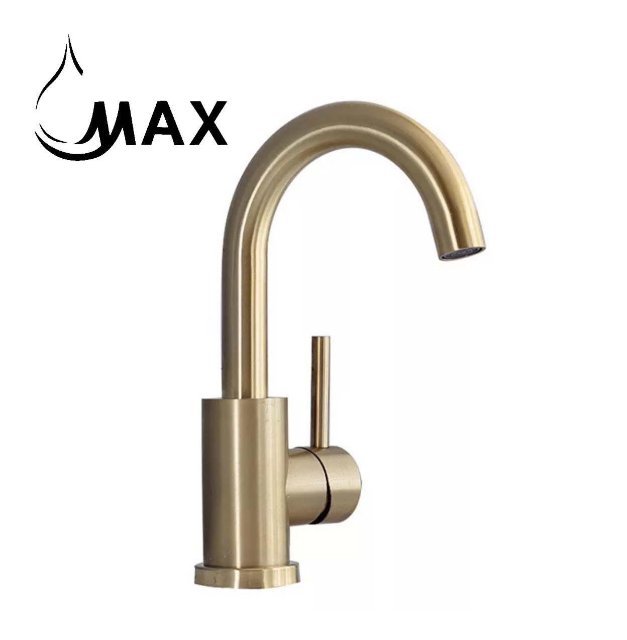 Close-up view of MAX Faucets brushed gold bathroom faucet with ergonomic side handle and premium finish