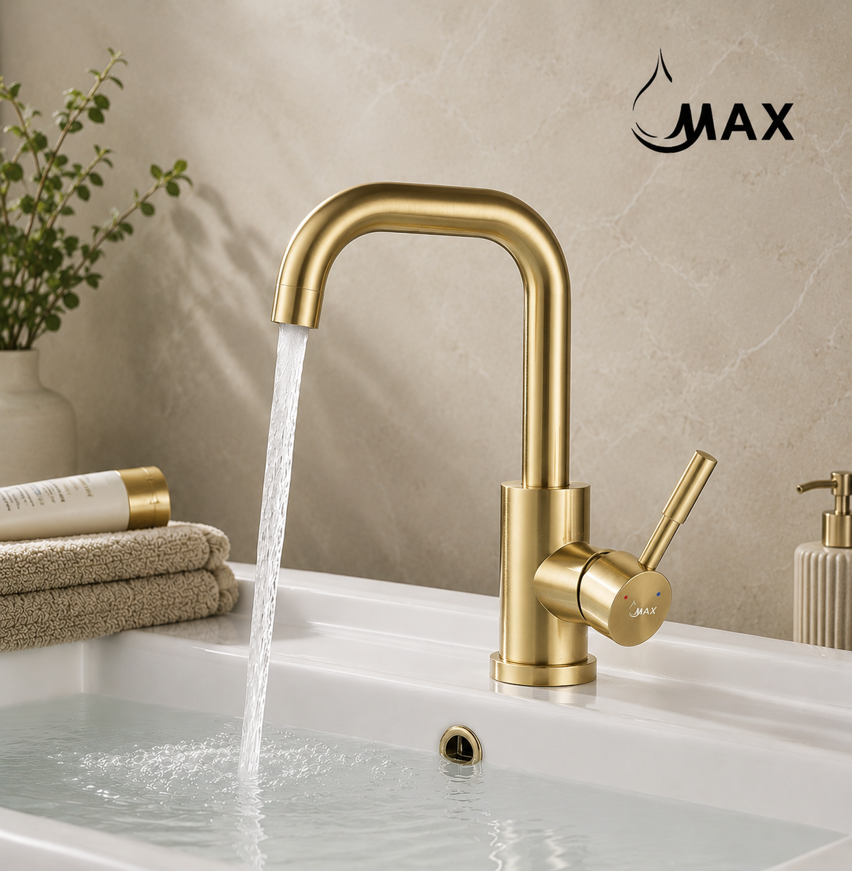 MAX Faucets brushed gold bathroom faucet with side handle and 360° swivel spout.