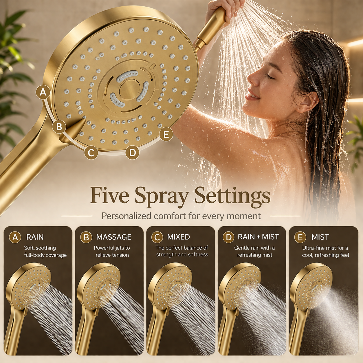 Person using brushed gold round handheld shower with adjustable spray modes
