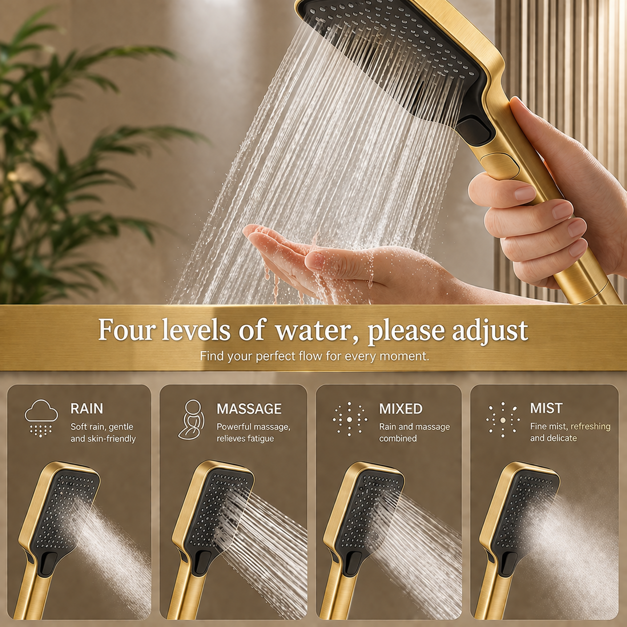 Brushed gold square handheld shower rainfall spray