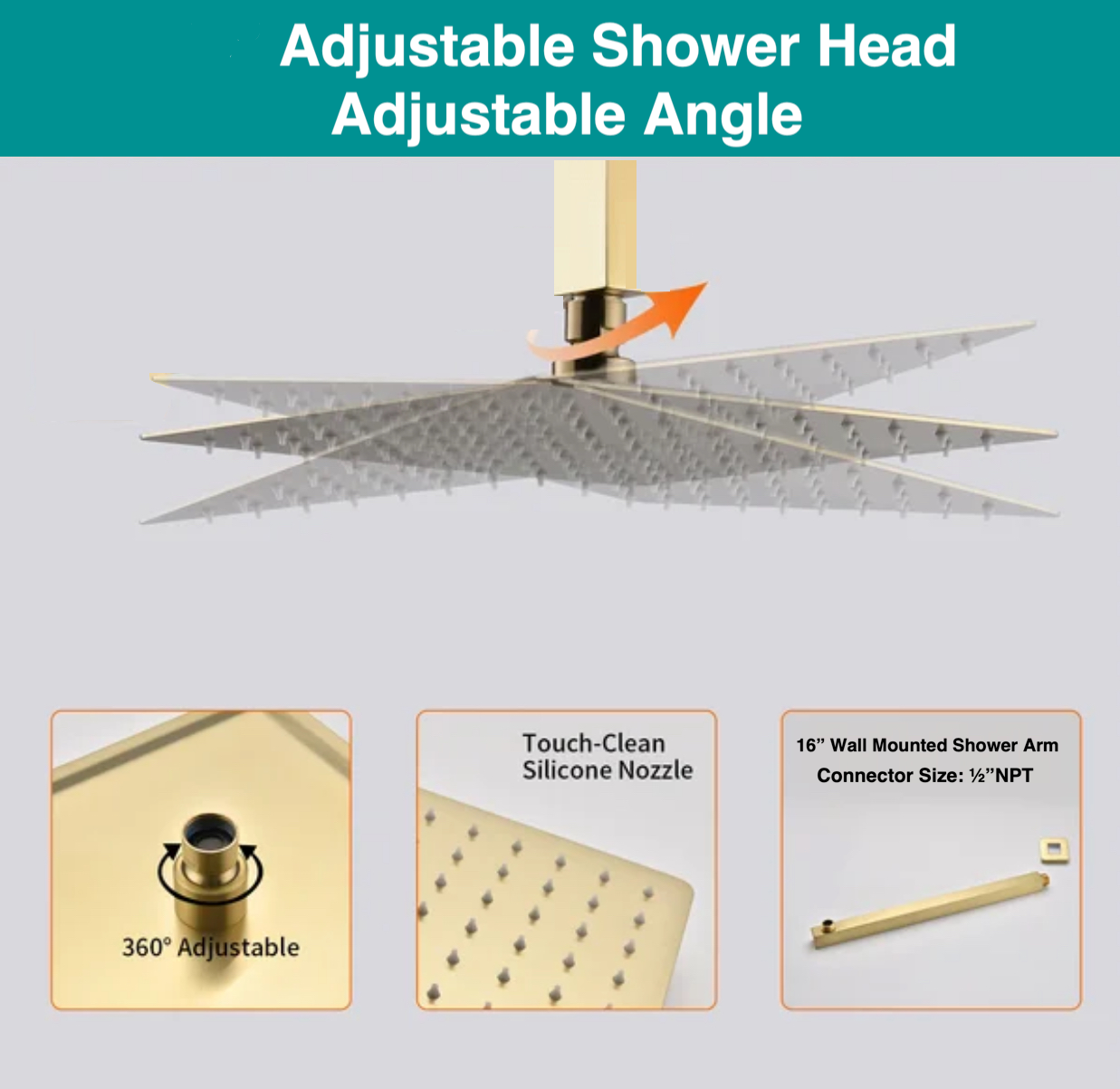 Brushed gold rainfall shower system with body sprays