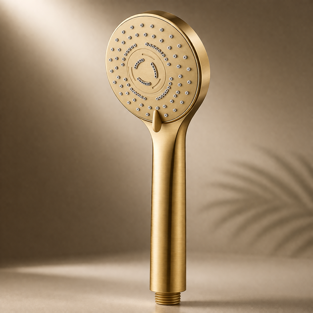 Brushed gold round handheld shower with five spray settings by MAX Faucets